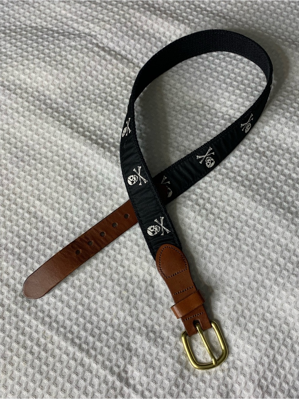 Leather Man Ltd. Jolly Roger black belt with Scull print and brown leather trim
